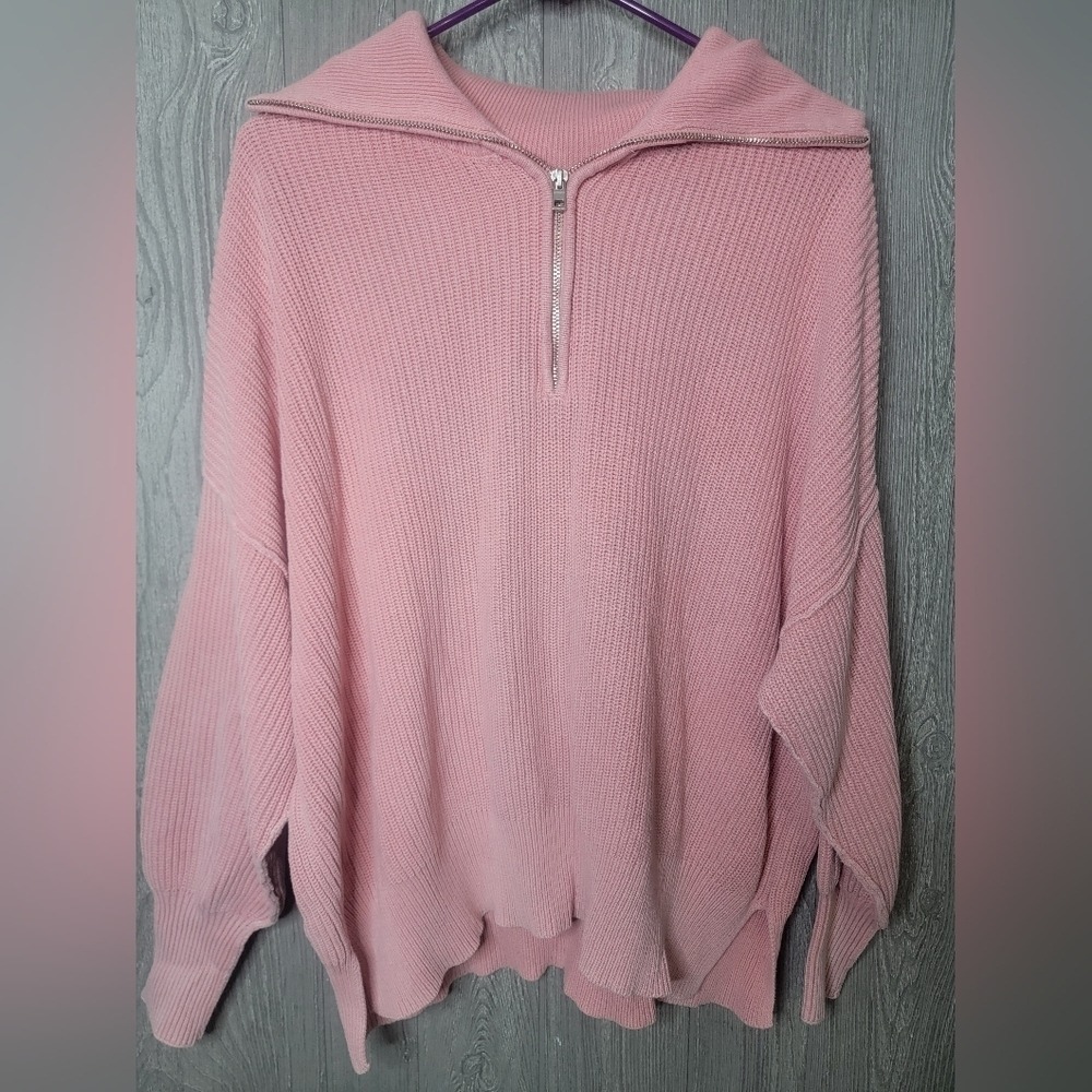 ♡Aerie Womens Pink‎ Ribbed Quarter Zip Oversized Pullover Sweater XS